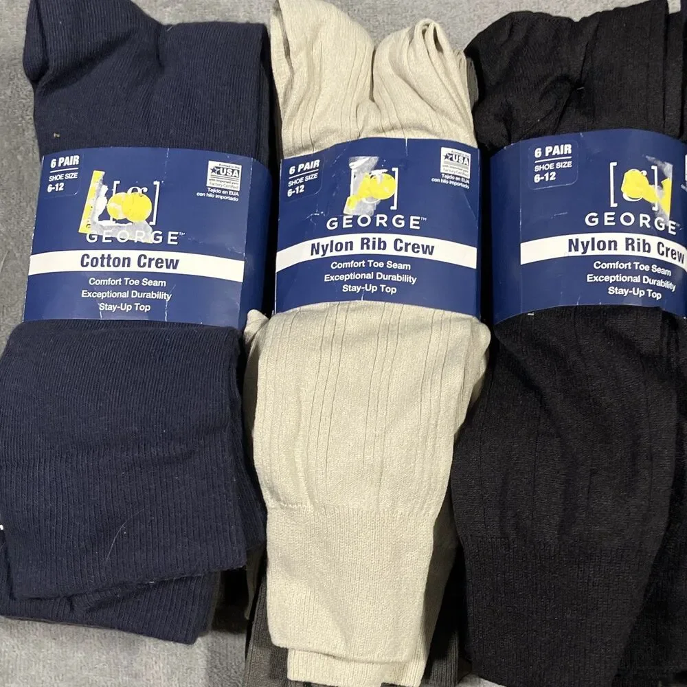 GEORGE Men’s Crew Socks Sz 6-12 Multicolor Rib Solid Stay-Up Top 30 total pairs